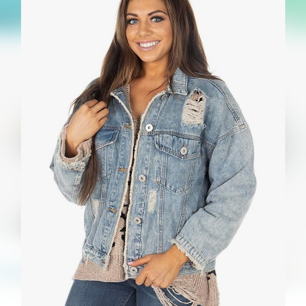 POL Blue Jean Jacket with Cropped Length and Distressed Look